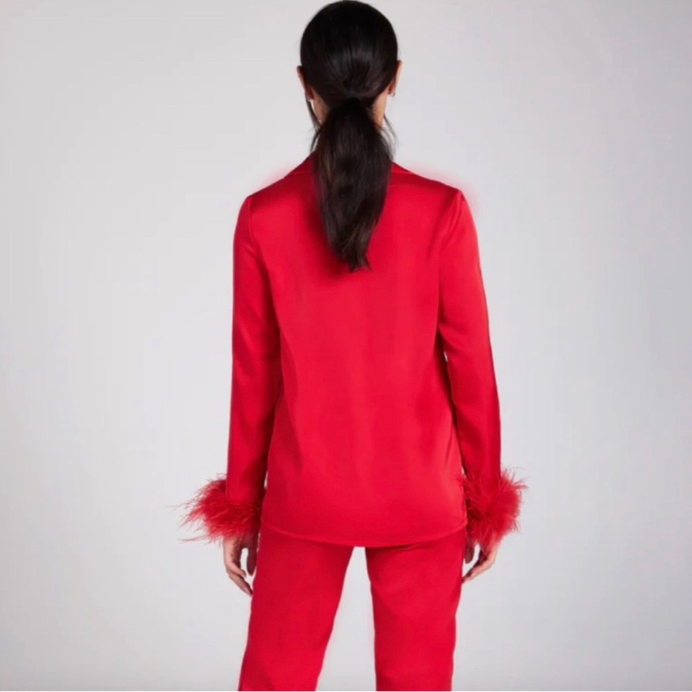 Nadine Merabi Red Silk Pajamas with Feather Trim Medium PJs Featured in Vogue